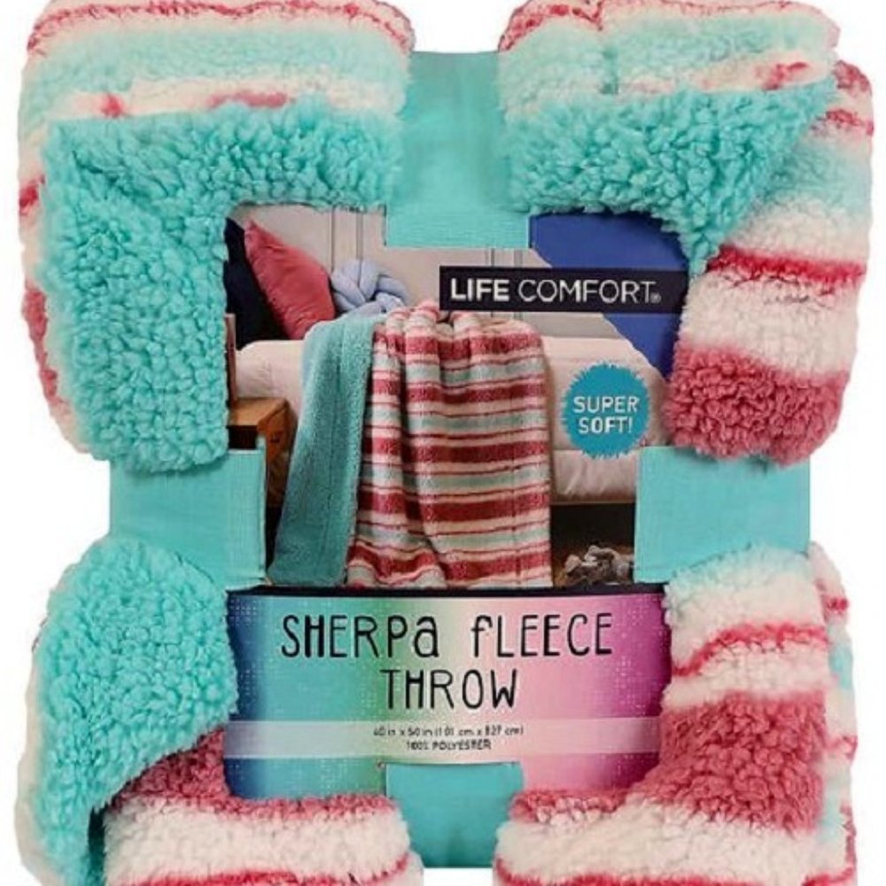 SOLD NWT Life Comfort Sherpa Fleece 2-Sided Throw Pink/Green 50" x 40"